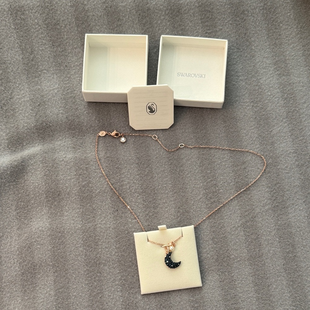Swarovski Rose Gold Necklace with Black Crescent Pendant